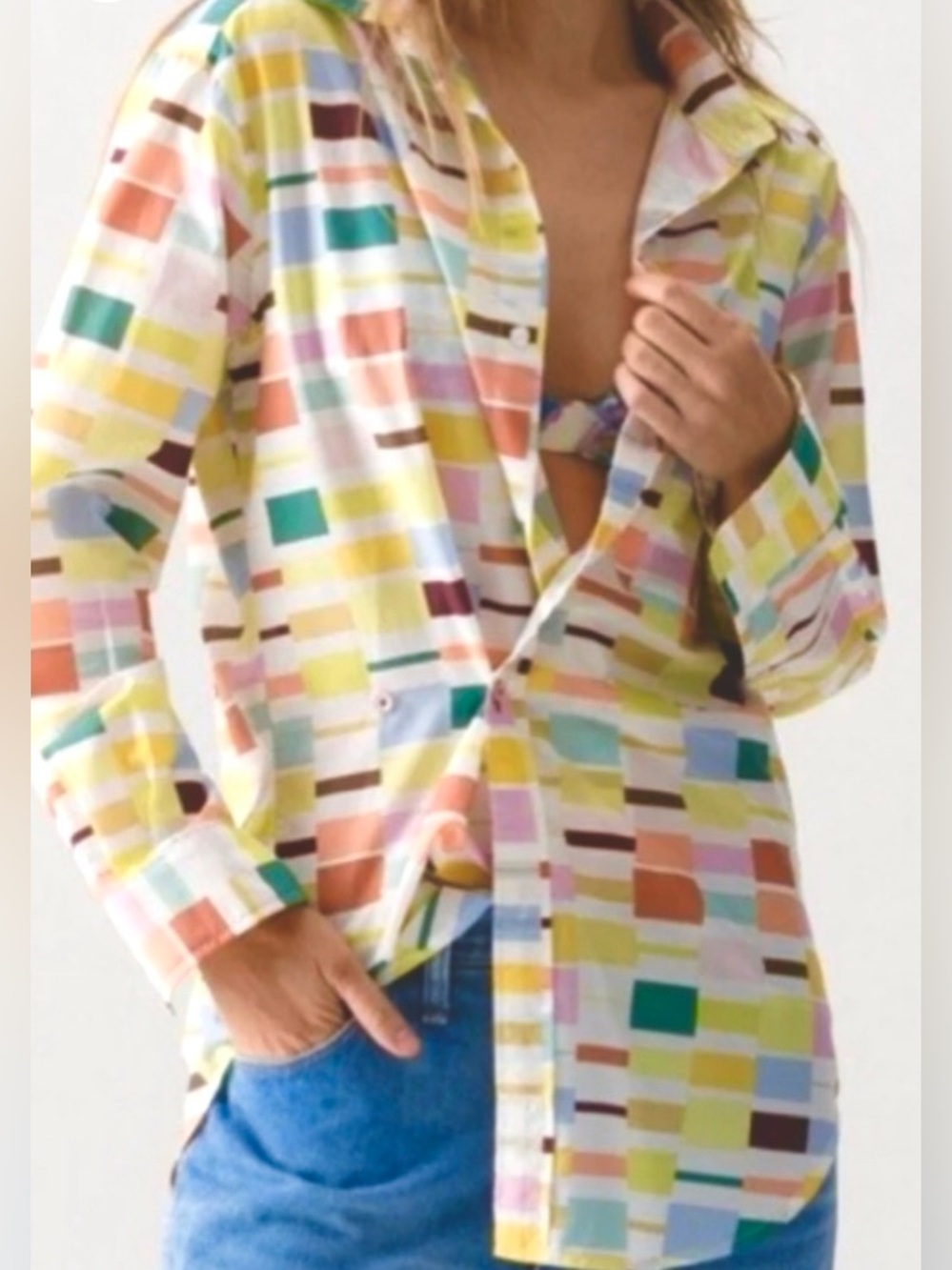 Cissa Liberty Multicolor Geometric Button-Up Men’s  Style Shirt for Women: XS/S
